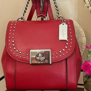 COACH Cassidy Pebble Leather Border Rivets Backpack/Top Handle inBright Cardinal